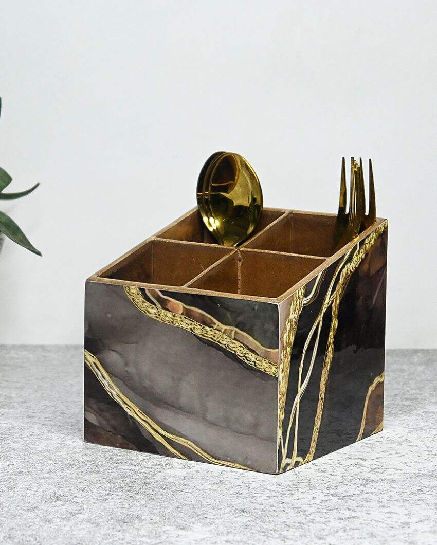 Impressionistic Black & Golden Four Divisions Cutlery Holders | Set Of 2 | 5 x 5 inches