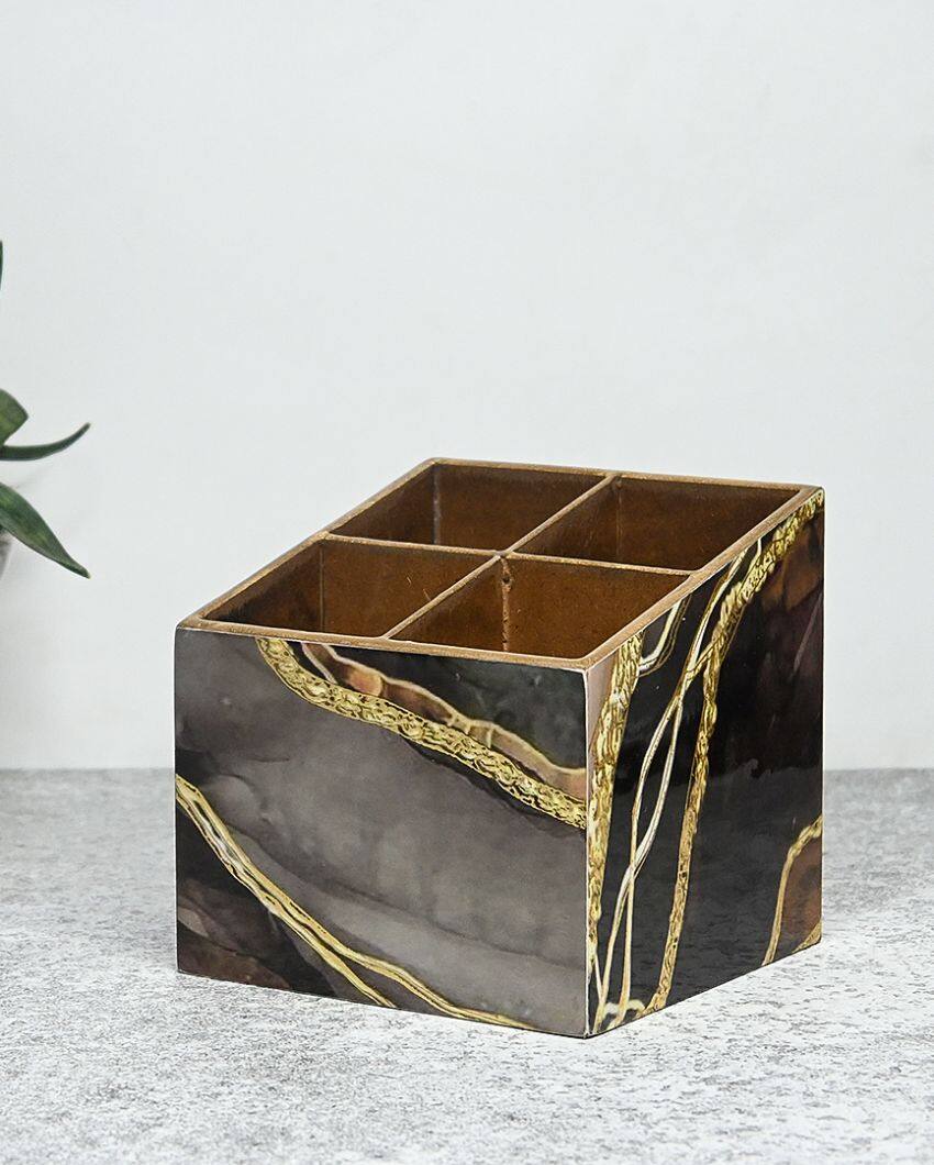 Impressionistic Black & Golden Four Divisions Cutlery Holders | Set Of 2 | 5 x 5 inches