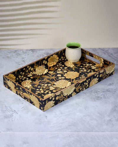 Floral Black Gold Foiling Wooden Tray | 16 x 10 x 2 inches