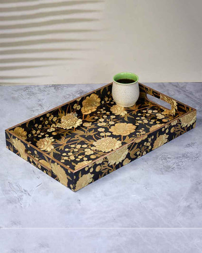 Floral Black Gold Foiling Wooden Tray | 16 x 10 x 2 inches