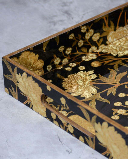 Floral Black Gold Foiling Wooden Tray | 16 x 10 x 2 inches