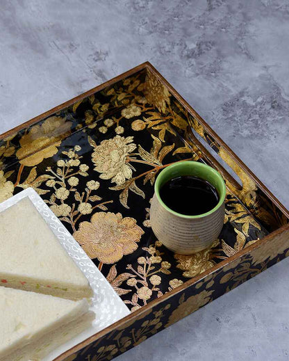 Floral Black Gold Foiling Wooden Tray | 16 x 10 x 2 inches