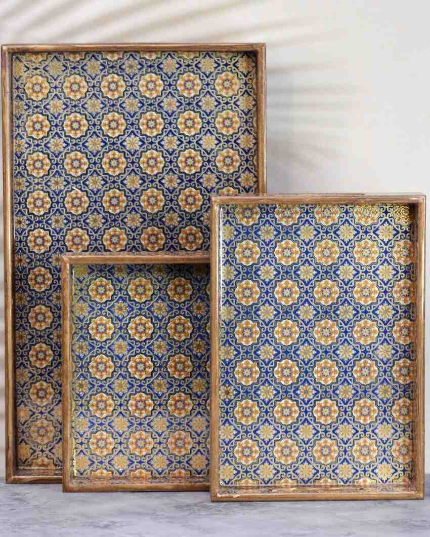 Blue Gold Foiling Wooden Trays | Set Of 3