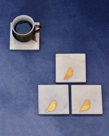 Birdie Brass Marble Inlay Coasters | Set Of 4 | 4 inches