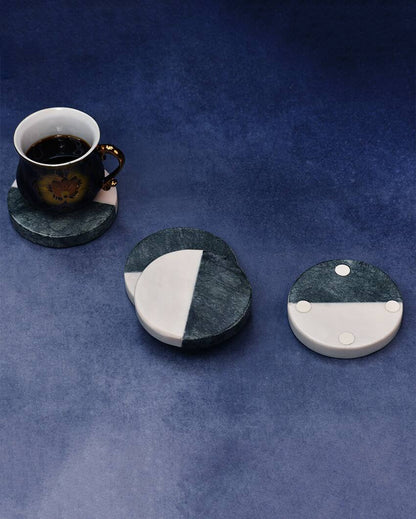 Green & White Indian Round Marble Coasters | Set Of 4 | 4 inches