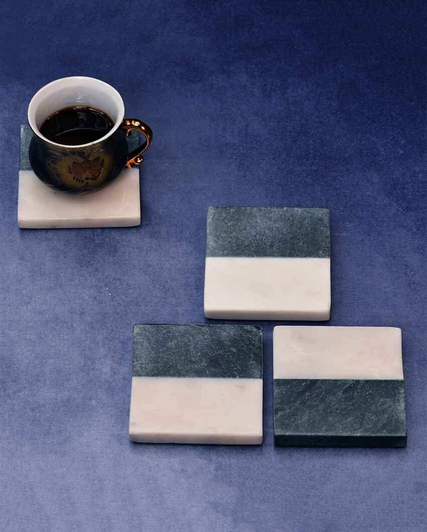 Green & White Indian Square Marble Coasters | Set Of 4 | 4 x 4 inches