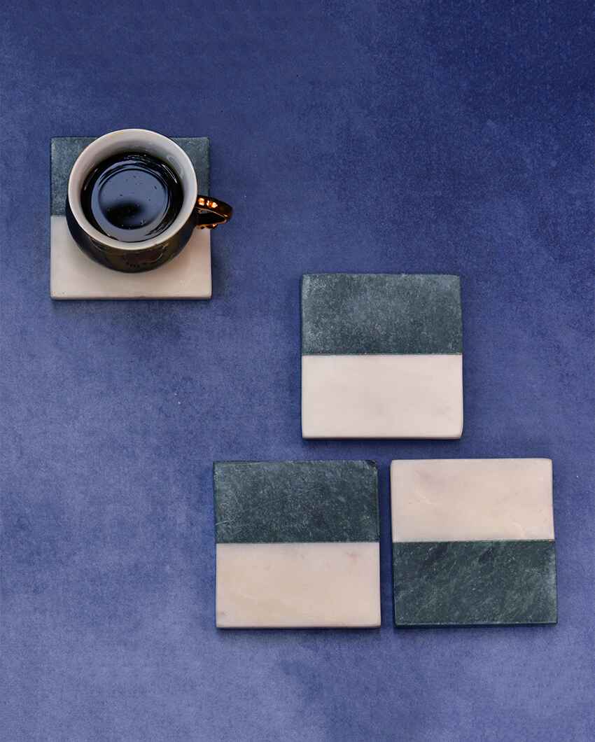 Green & White Indian Square Marble Coasters | Set Of 4 | 4 x 4 inches