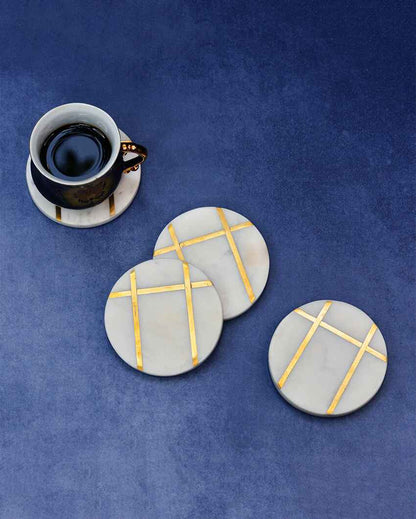 Round White Marble Inlay Coasters | Set Of 4 | 4 inches