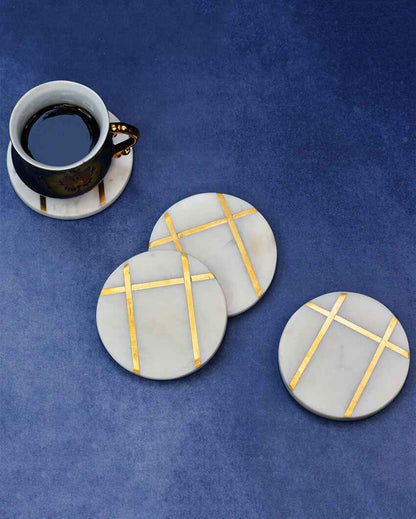 Round White Marble Inlay Coasters | Set Of 4 | 4 inches