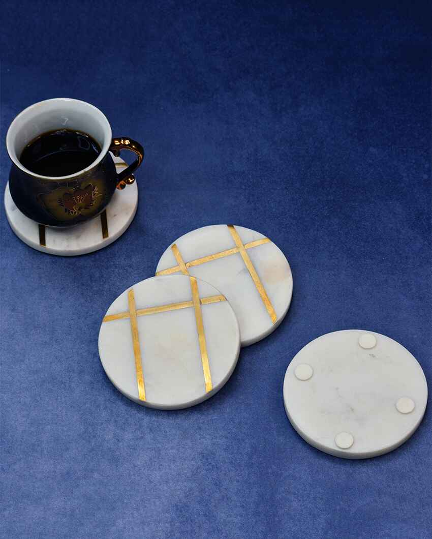 Round White Marble Inlay Coasters | Set Of 4 | 4 inches