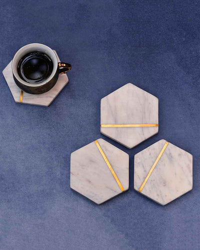 Hexagonal White Marble Inlay Coasters | Set Of 4 | 4 x 4 inches