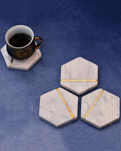 Hexagonal White Marble Inlay Coasters | Set Of 4 | 4 x 4 inches