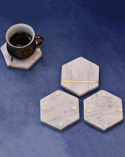 Hexagonal White Marble Inlay Coasters | Set Of 4 | 4 x 4 inches