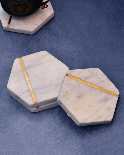 Hexagonal White Marble Inlay Coasters | Set Of 4 | 4 x 4 inches