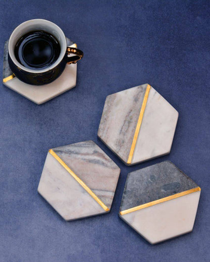 White & Grey Natural Hexagonal Marble Coasters | Set Of 4 | 4 inches