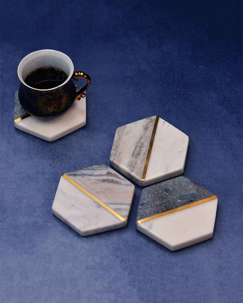 White & Grey Natural Hexagonal Marble Coasters | Set Of 4 | 4 inches