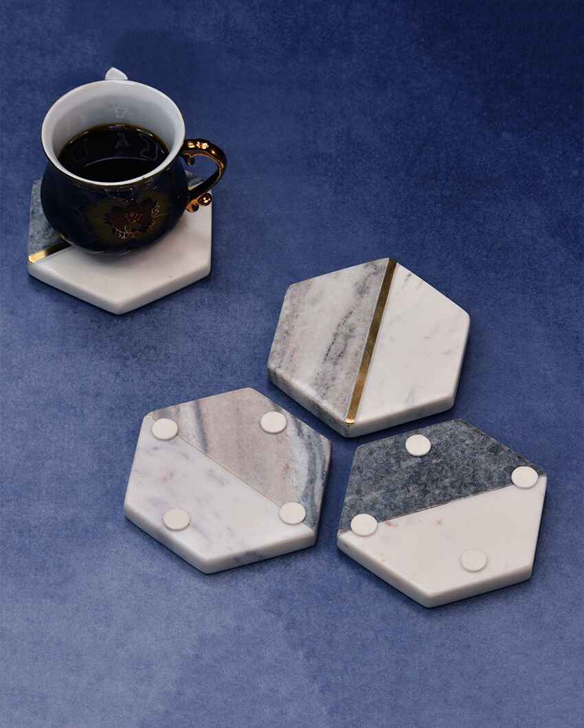 White & Grey Natural Hexagonal Marble Coasters | Set Of 4 | 4 inches