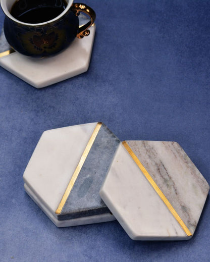 White & Grey Natural Hexagonal Marble Coasters | Set Of 4 | 4 inches