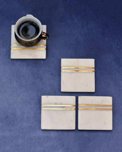 Square White Marble Inlay Coasters | Set Of 4 | 4 inches