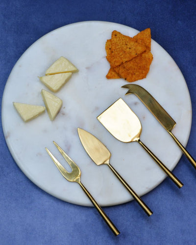 White Marble Cheese Board With 4 Serving Knives | Pack Of 5