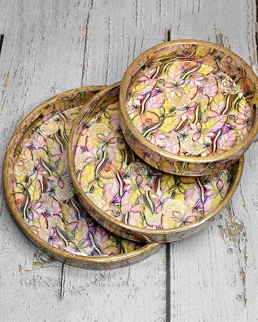 Abstract Floral Round Wooden Trays | Set Of 3