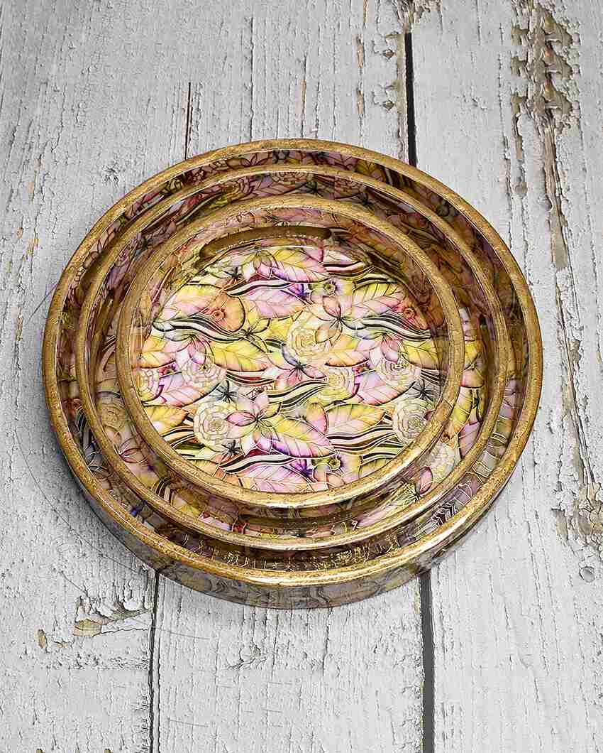 Abstract Floral Round Wooden Trays | Set Of 3