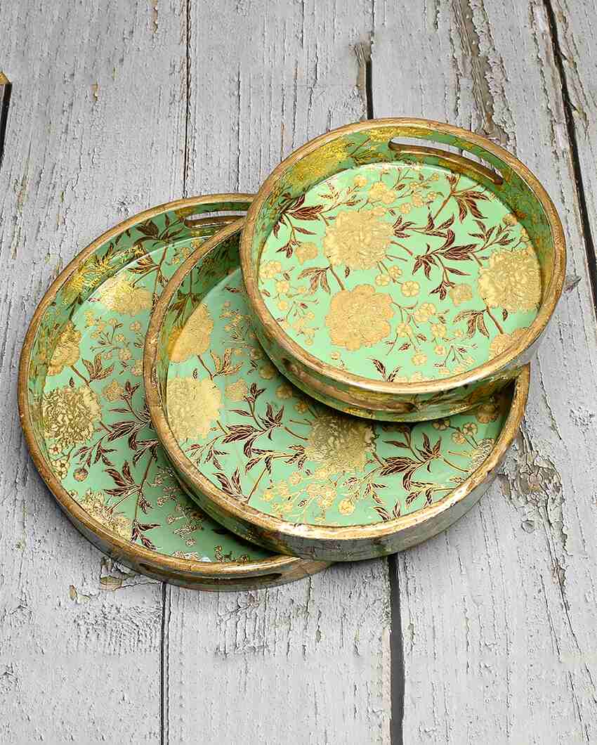 Green Floral Round Wooden Trays | Set Of 3