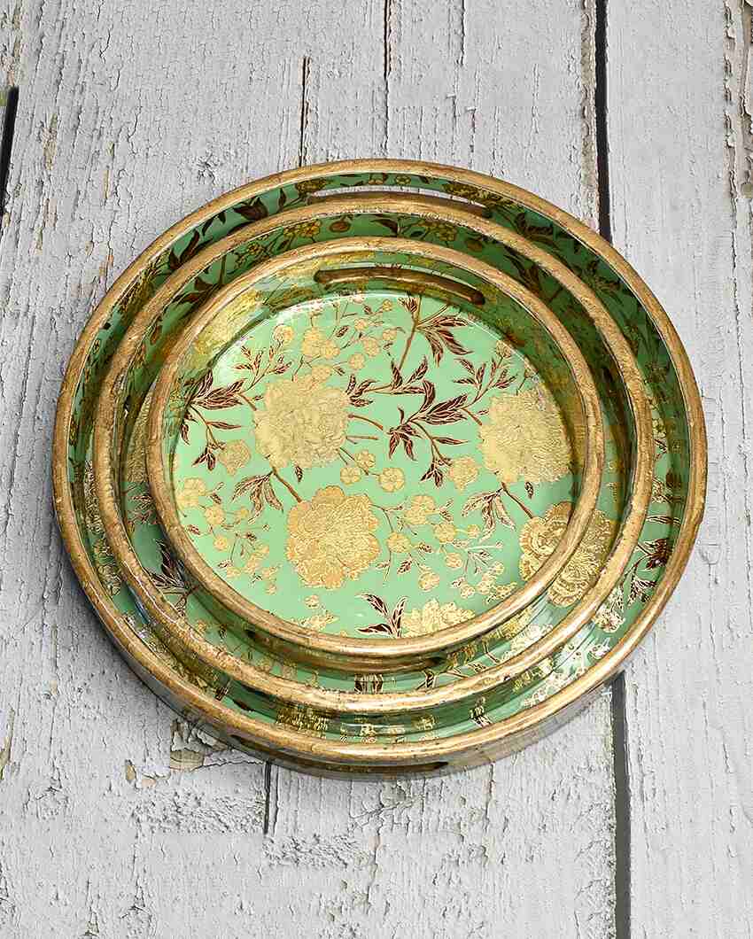 Green Floral Round Wooden Trays | Set Of 3