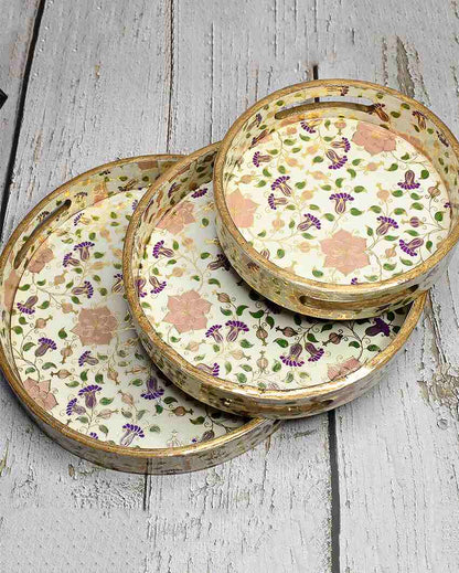 Beautiful Floral Round Wooden Trays | Set Of 3