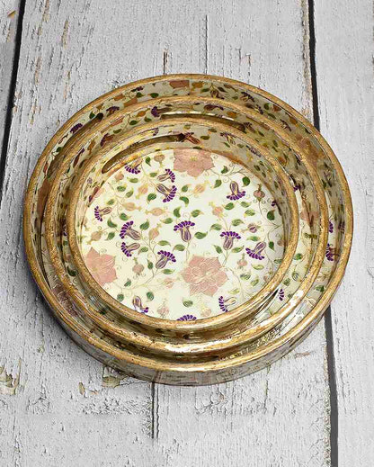 Beautiful Floral Round Wooden Trays | Set Of 3