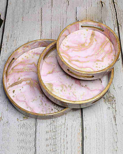 Pink Marble Design Round Wooden Trays | Set Of 3