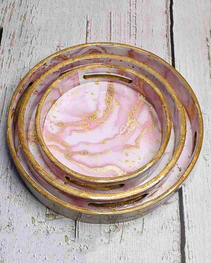 Pink Marble Design Round Wooden Trays | Set Of 3