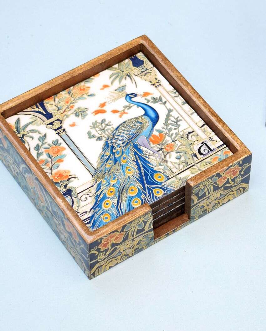 Indian Peacock Mdf Coasters with Holder | Pack Of 6