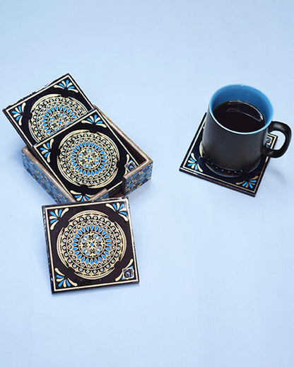 Blue Pattern Classic Theme Coasters with Holder | Set Of 6