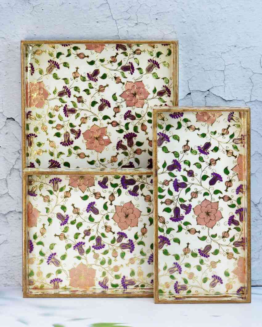 Beautiful Floral Wooden Rectangular Trays | Set Of 3