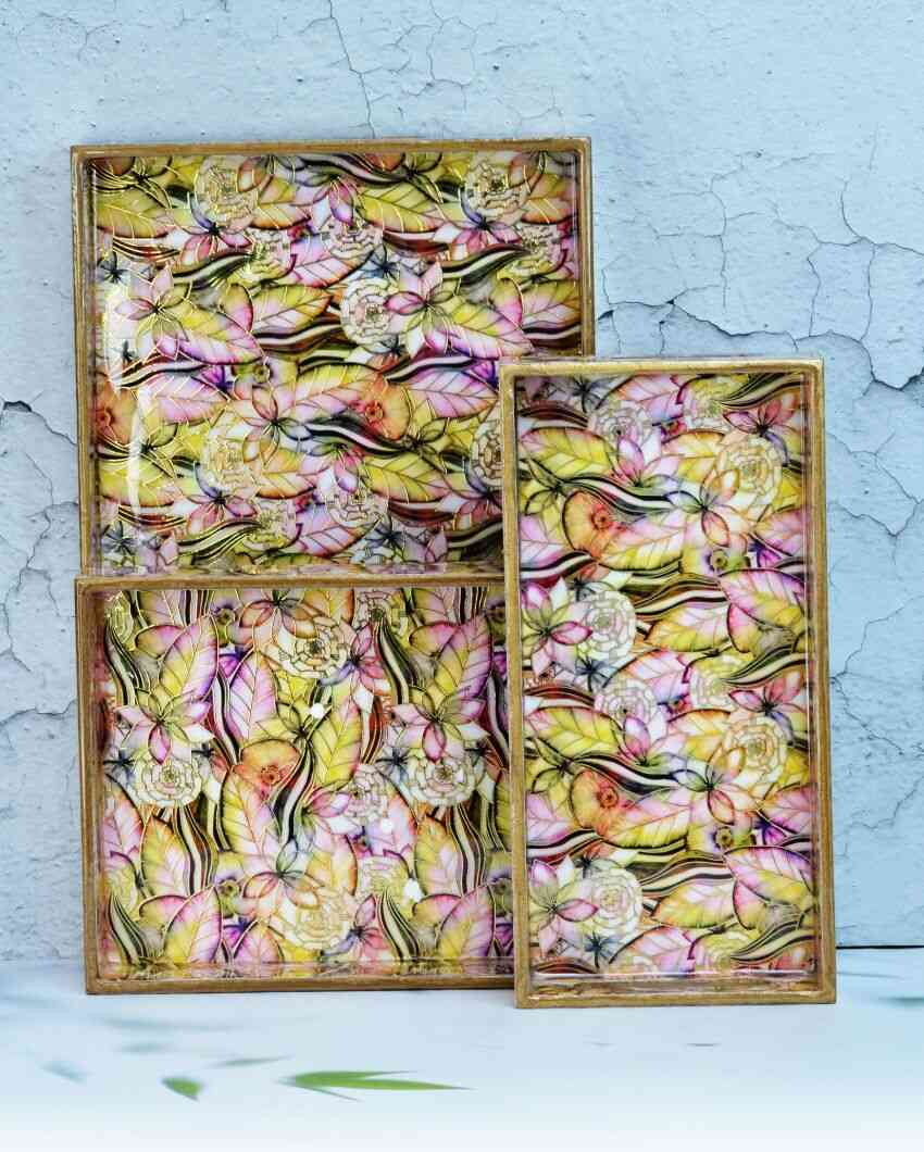 Abstract Floral Wooden Rectangular Trays | Set Of 3