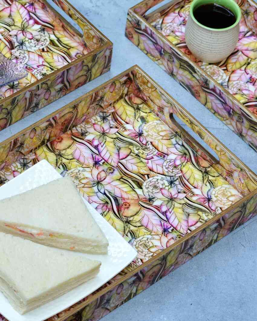 Abstract Floral Wooden Rectangular Trays | Set Of 3