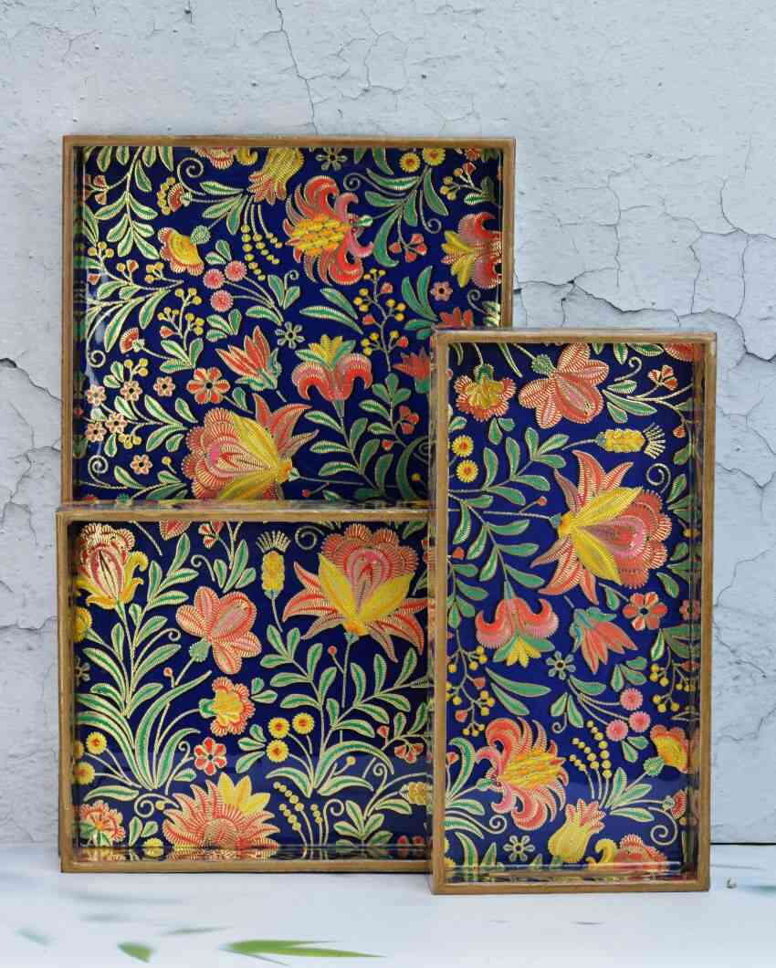 Vibrant Floral Wooden Rectangular Trays | Set Of 3