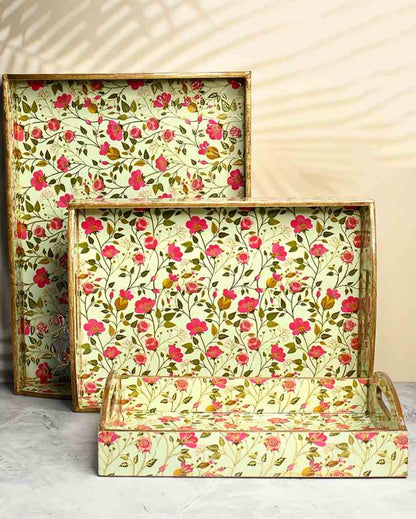 Blossom Printed Wooden Trays With Curved Handles | Set Of 3