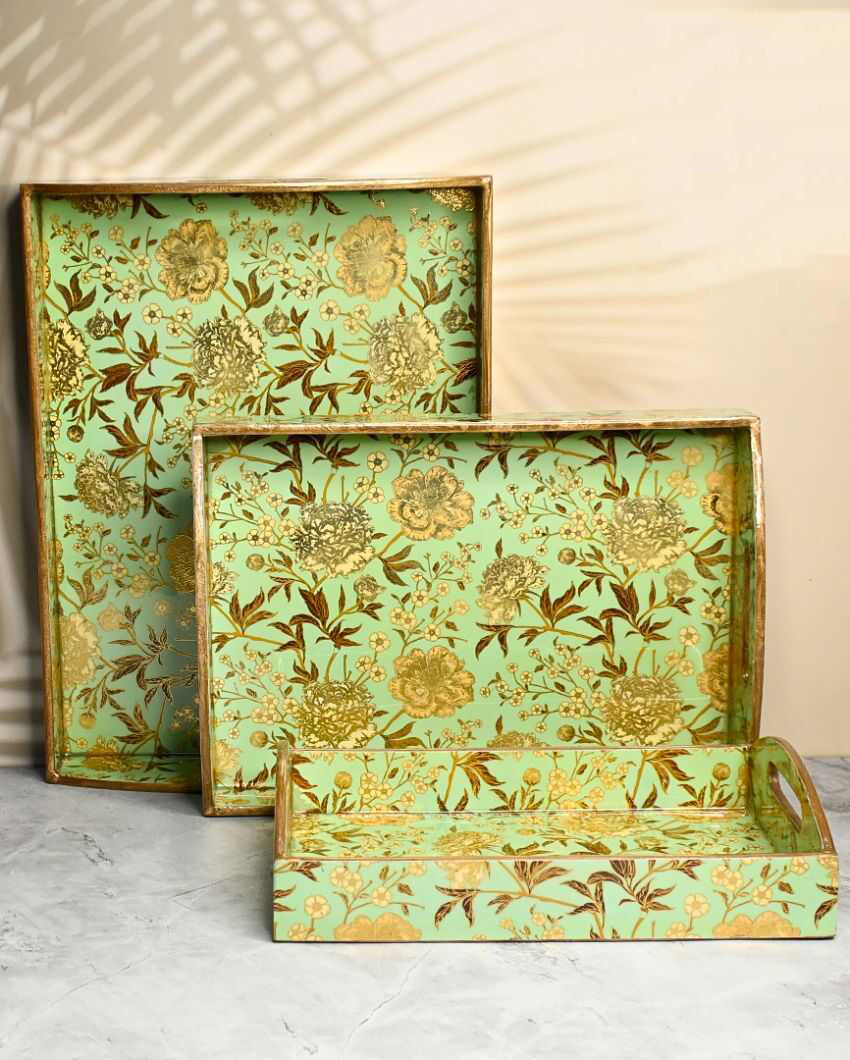 Green Floral Wooden Trays With Curved Handles | Set Of 3