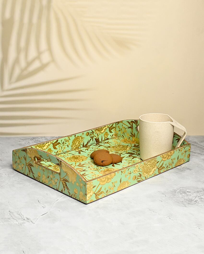 Green Floral Wooden Trays With Curved Handles | Set Of 3