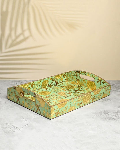 Green Floral Wooden Trays With Curved Handles | Set Of 3