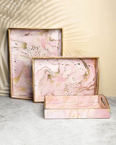 Pink Marble Design Wooden Trays With Curved Handles | Set Of 3