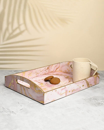 Pink Marble Design Wooden Trays With Curved Handles | Set Of 3