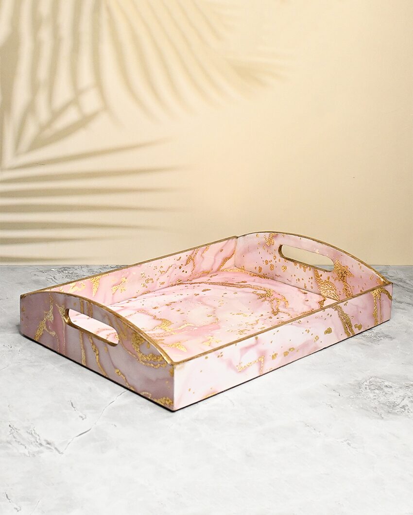 Pink Marble Design Wooden Trays With Curved Handles | Set Of 3