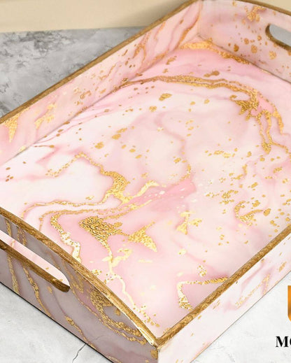 Pink Marble Design Wooden Trays With Curved Handles | Set Of 3