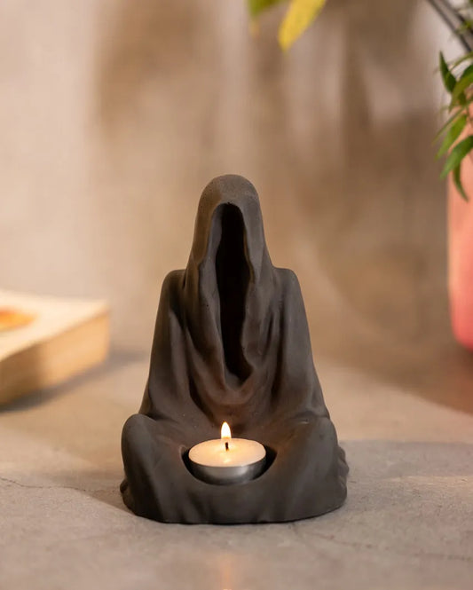 Practical Contemporary Style Monk Dark Concrete Tealight Candle Holder | 4 x 4 x 5 inches