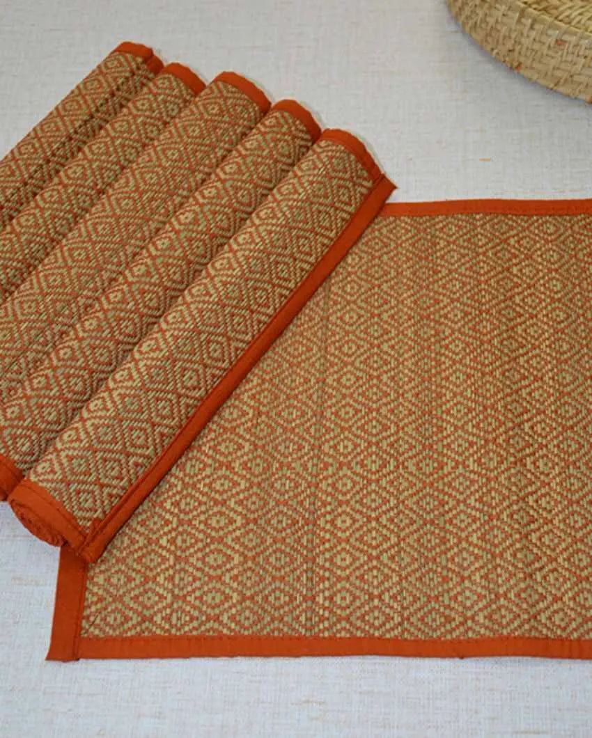 Madurkathi Diamond Placemats Orange | Set Of 6 | 18 X 12 inches