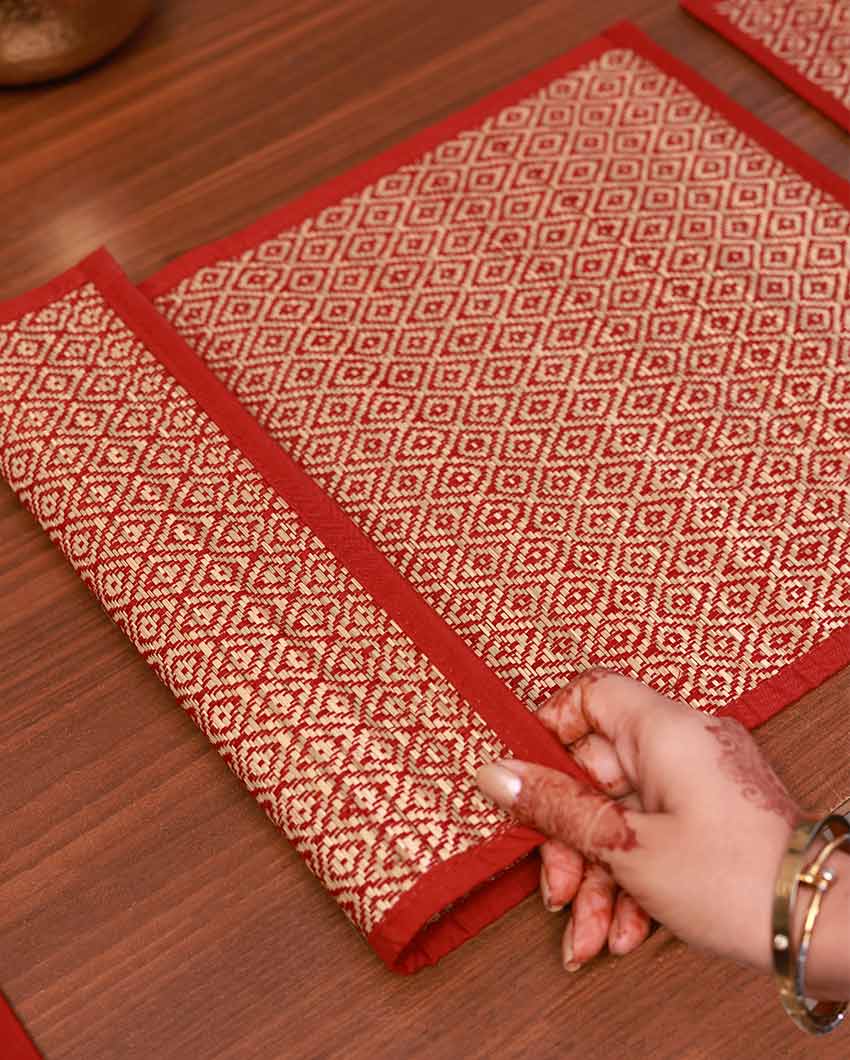 Lite Maroon Madurkathi Diamond Placemats | Set of 6 | 18 x 12 inches