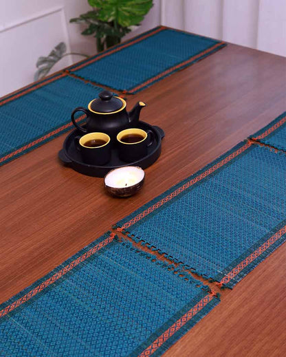 Madurkathi Tassels Placemats Teal Blue | Set Of 6 | 18 x 12 inches